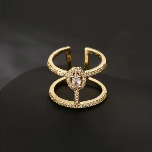 Gold Double Band Ring with Clear Oval Stone - Picture 2 of 4